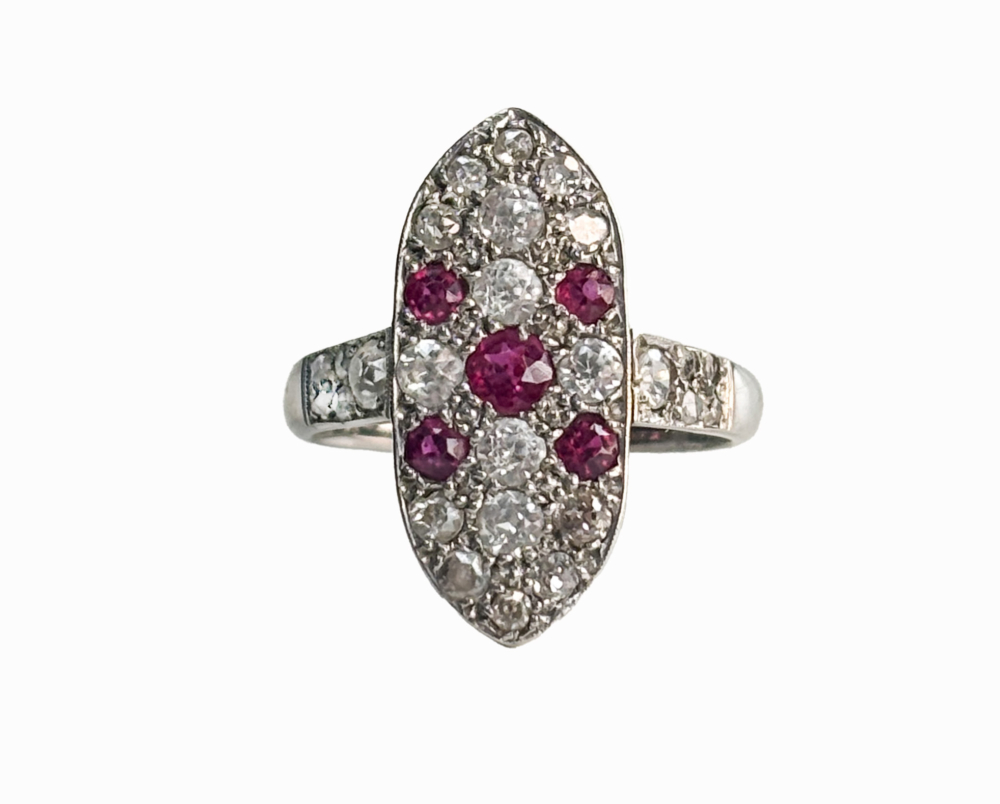 Art Deco ruby and diamond plaque ring with white sapphires, old and rose cut diamonds in 9ct white gold for sale in Leeds