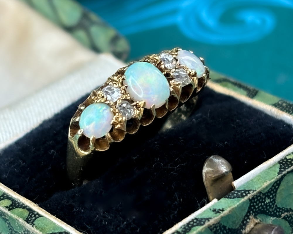 antique Victorian opal and diamond ring in 18ct yellow gold for sale in Leeds