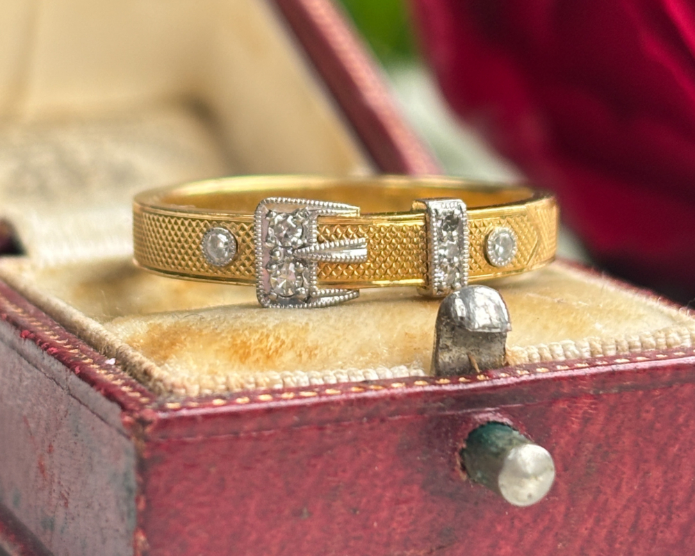 antique diamond buckle ring in 18ct gold and platinum, for sale in Leeds, UK