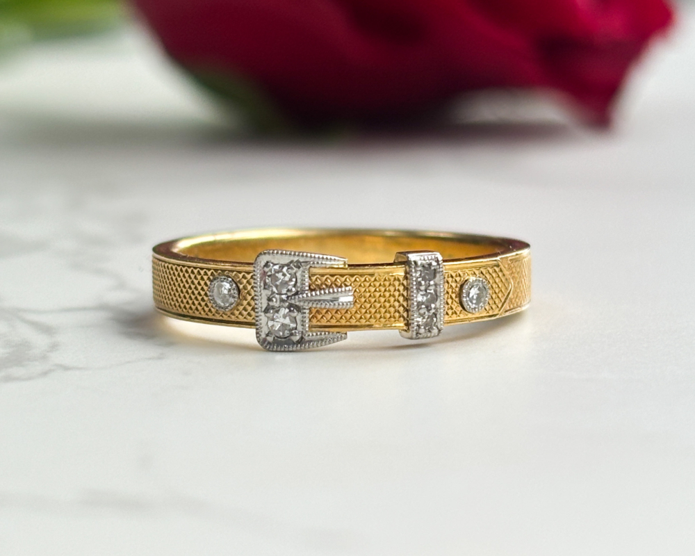 antique diamond buckle ring in 18ct gold and platinum, for sale in Leeds, UK