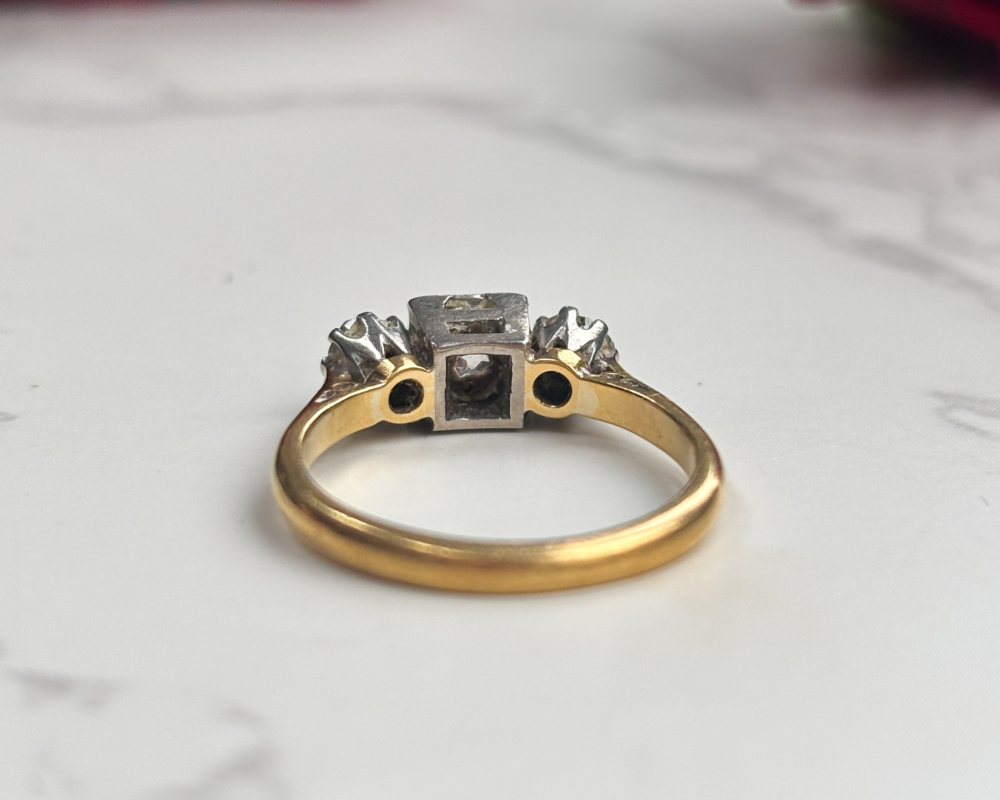 antique Edwardian three stone diamond ring for sale in Leeds, showing back view of the ring