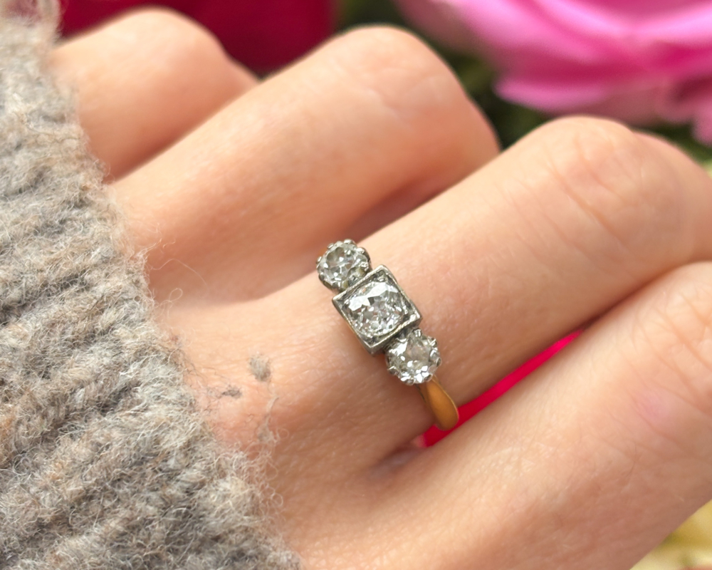 antique Edwardian three stone diamond ring for sale in Leeds, on woman's finger