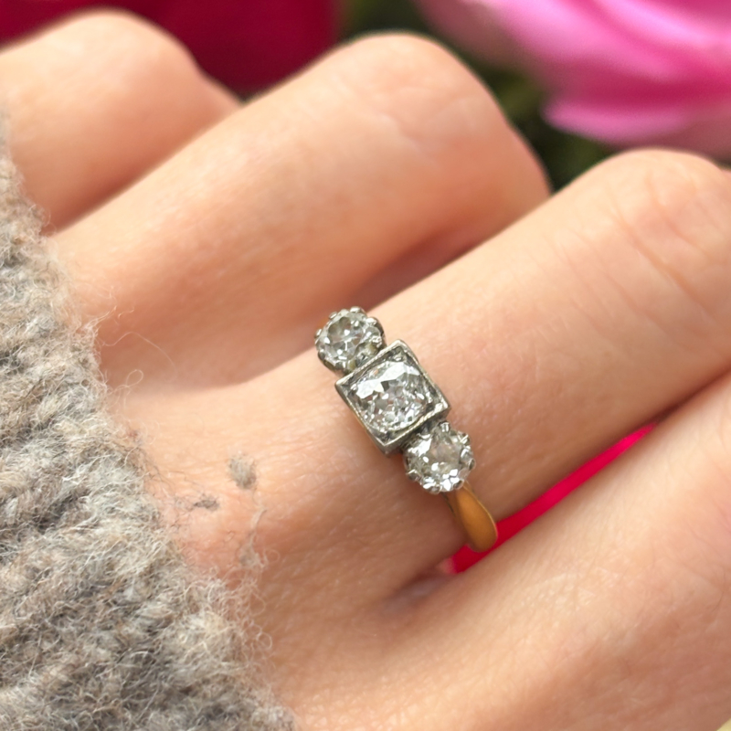 antique Edwardian three stone diamond ring for sale in Leeds, on woman's finger