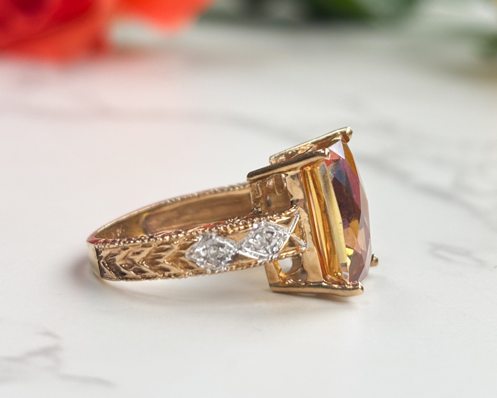 vintage 14ct gold mystic topaz and diamond ring for sale in Leeds UK, showing side view