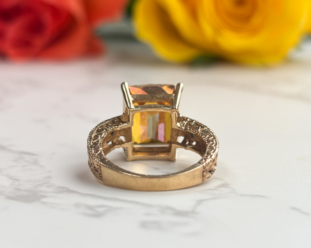 vintage 14ct gold mystic topaz and diamond ring for sale in Leeds UK, showing back view