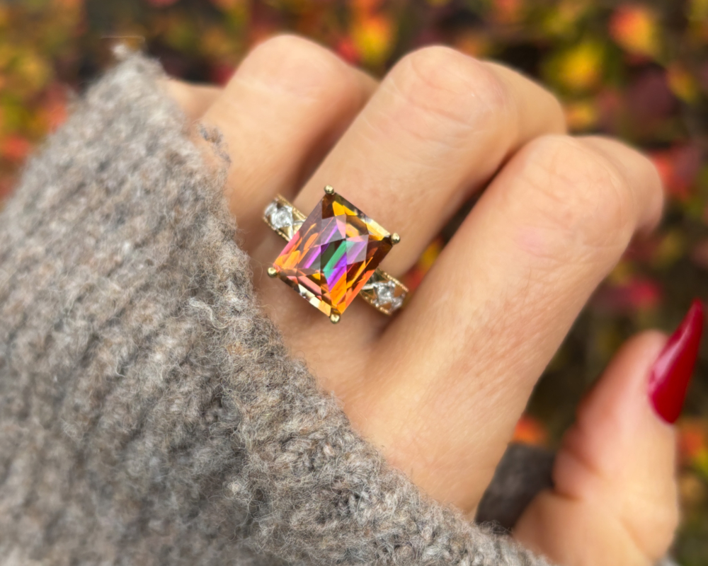 vintage 14ct gold mystic topaz and diamond ring for sale in Leeds UK, shown on lady's finger