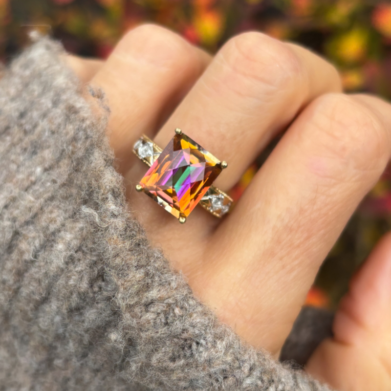 vintage 14ct gold mystic topaz and diamond ring for sale in Leeds UK, shown on lady's finger