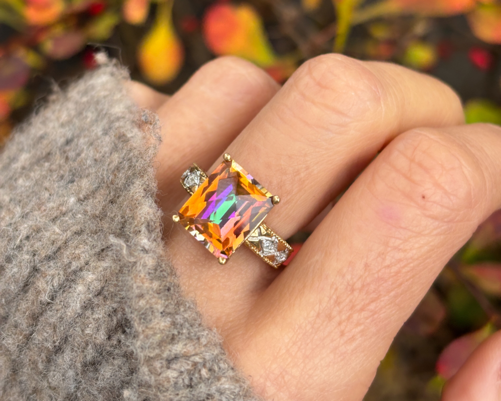 vintage 14ct gold mystic topaz and diamond ring for sale in Leeds UK, shown on lady's finger