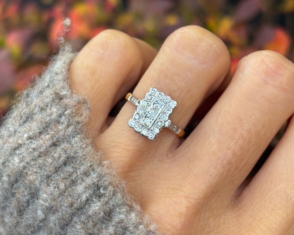 vintage style diamond panel ring in 18ct gold for sale in Leeds, shown on lady's finger