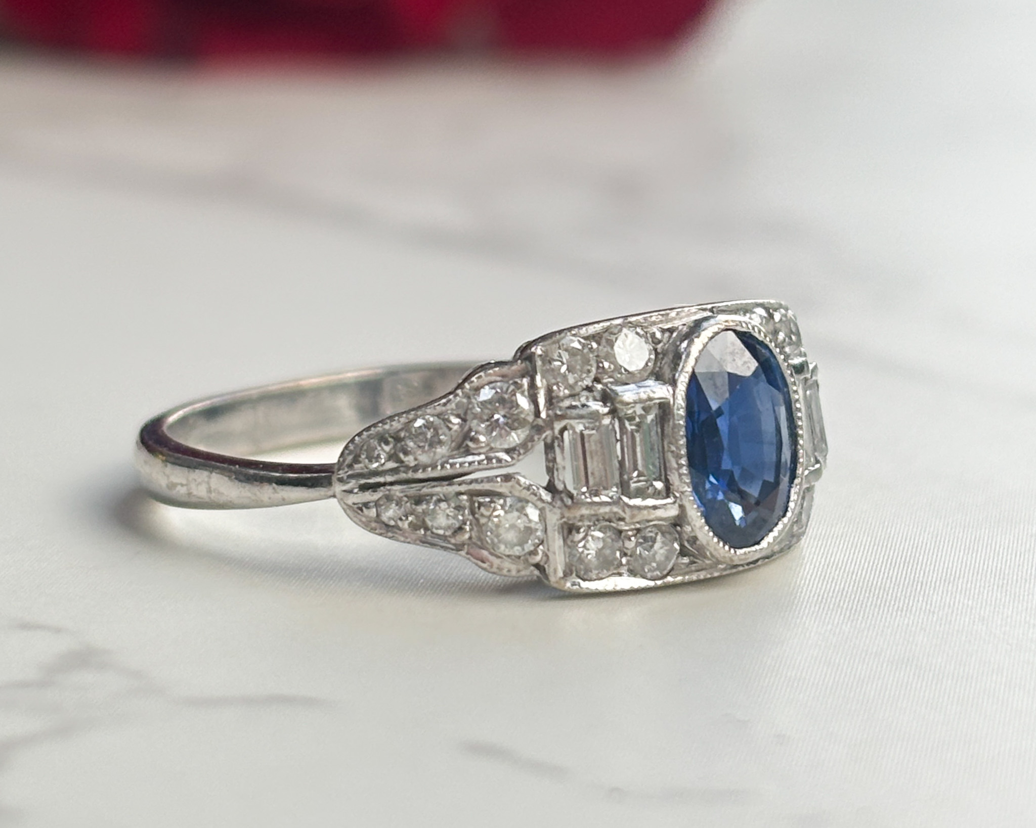 side view of art deco sapphire ring