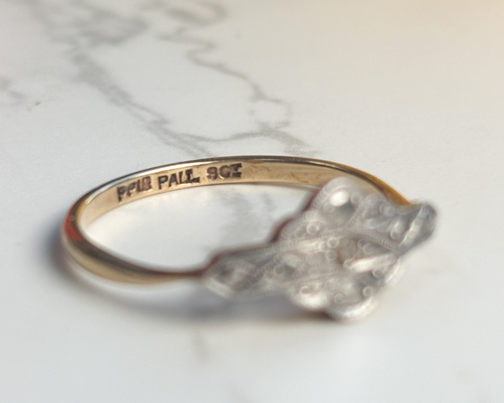 Art Deco diamond and palladium panel ring for sale in Leeds, showing hallmark