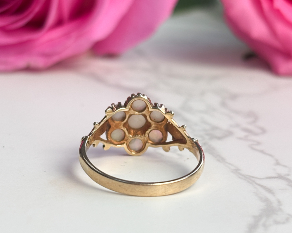 vintage opal cluster ring in 9ct gold for sale in Leeds, showing back view of the ring