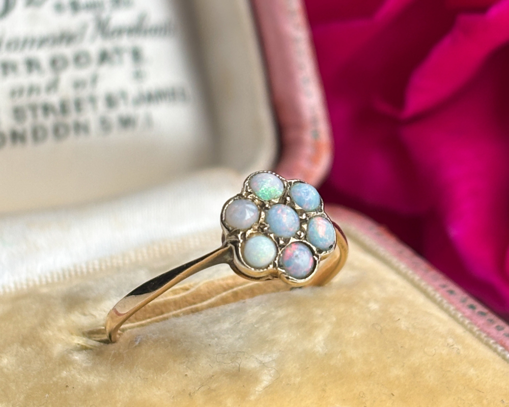 antique 1920s opal daisy ring for sale in Leeds, shown in box