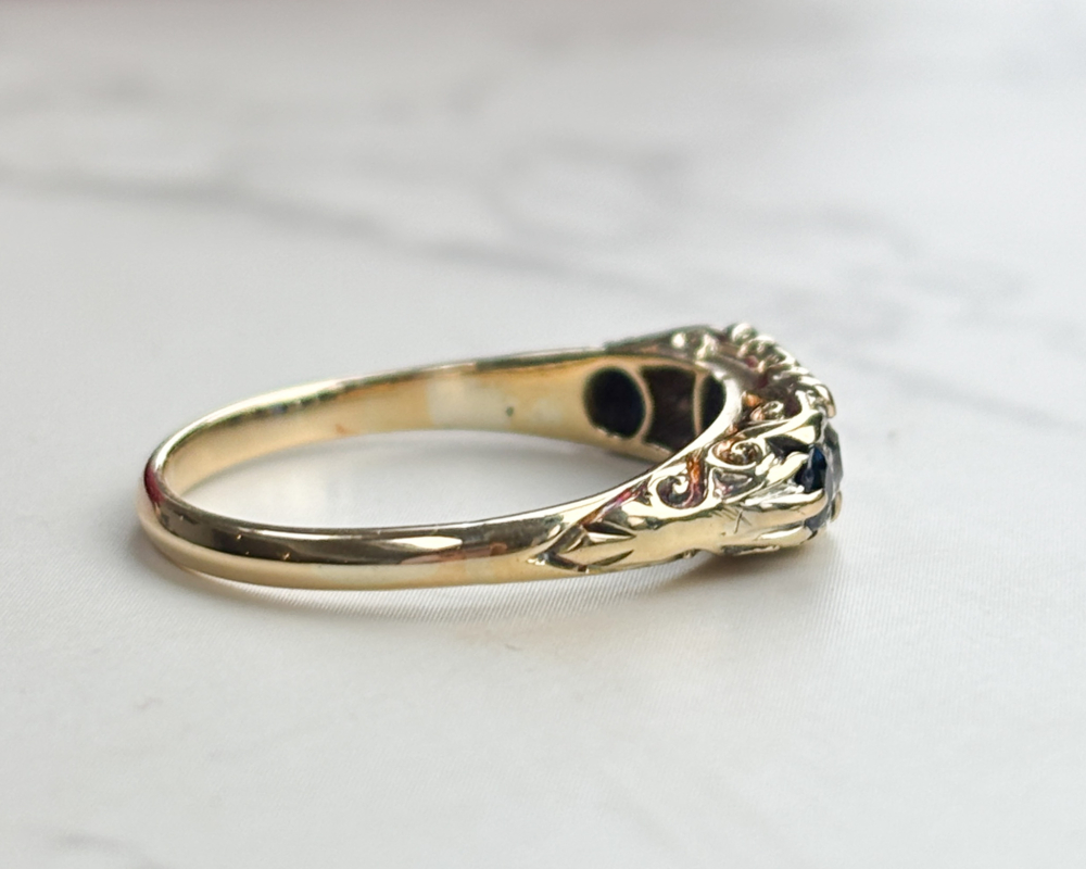 Victorian sapphire and diamond five stone ring for sale in Leeds, Yorkshire, showing side view of the ring