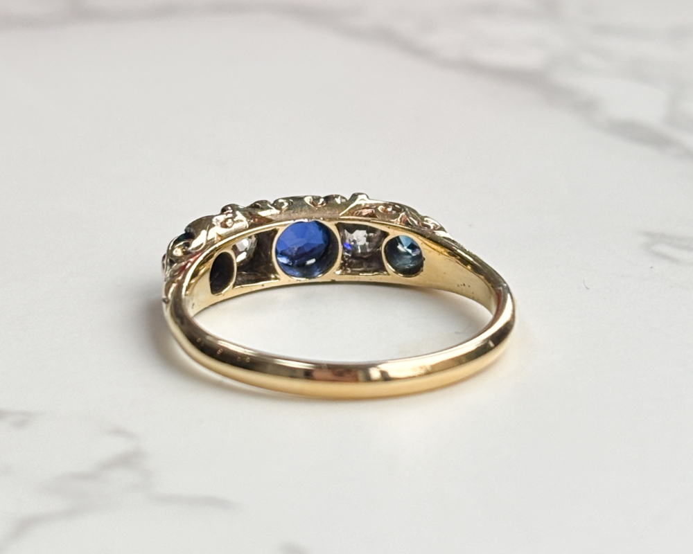 Victorian sapphire and diamond five stone ring for sale in Leeds, Yorkshire, showing back view