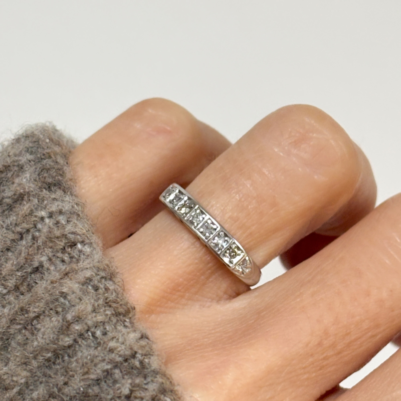 vintage 9ct white gold half eternity ring for sale in Leeds, shown on lady's hand