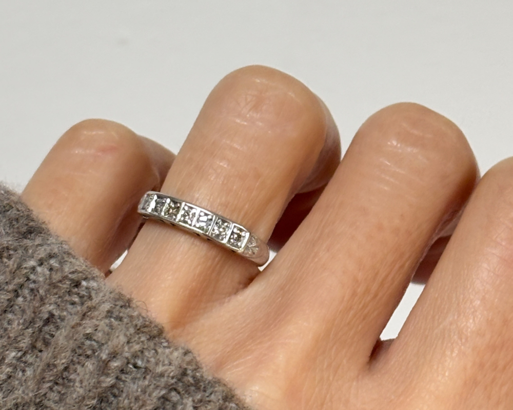 vintage 9ct white gold half eternity ring for sale in Leeds, on woman's hand