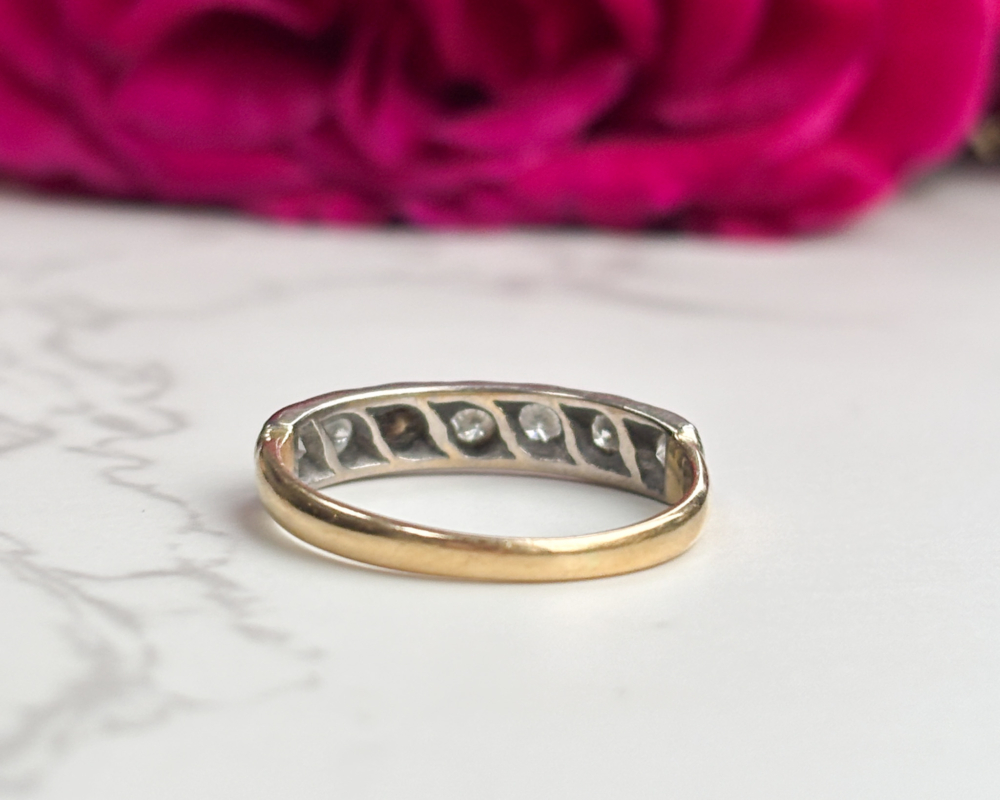 1940s diamond half eternity ring in box for sale in Leeds, UK, showing back of the ring