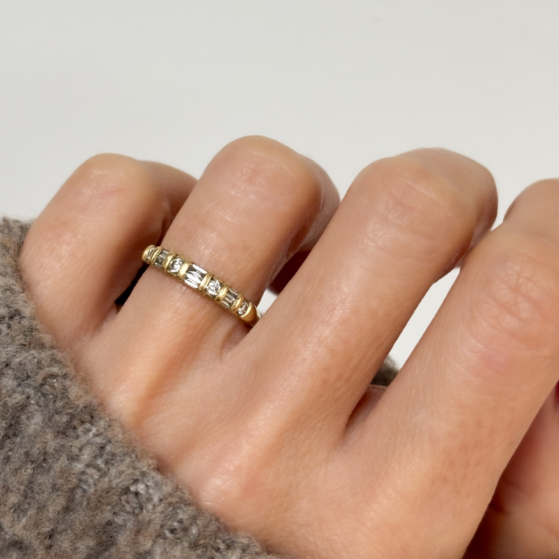 vintage 18ct gold half eternity ring for sale in Leeds, 0.25ct, shown on lady's finger