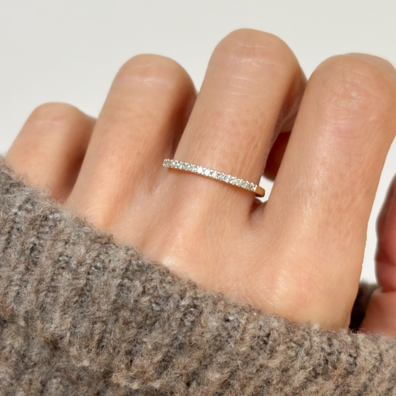 vintage diamond stacking ring in 9ct yellow gold for sale in Leeds. UK, shown on woman's hand