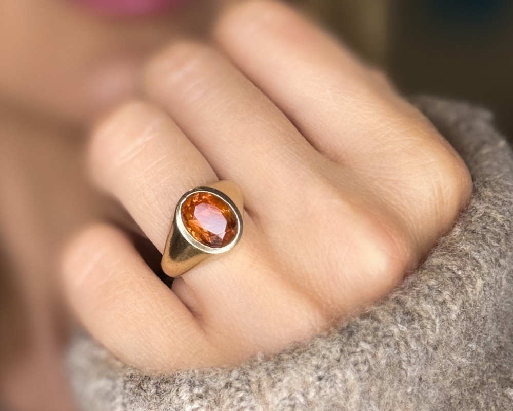 vintage 9ct gold citrine signet ring, shown on woman's hand for sale