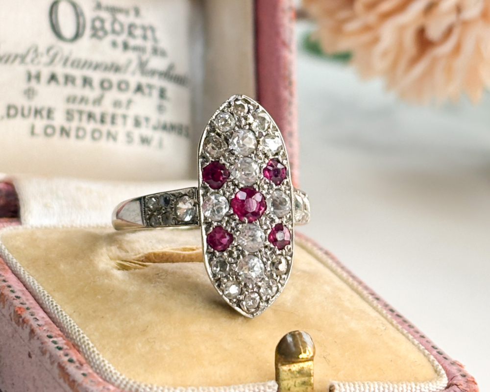 Art Deco ruby and diamond plaque ring with white sapphires, old and rose cut diamonds in 9ct white gold for sale in Leeds
