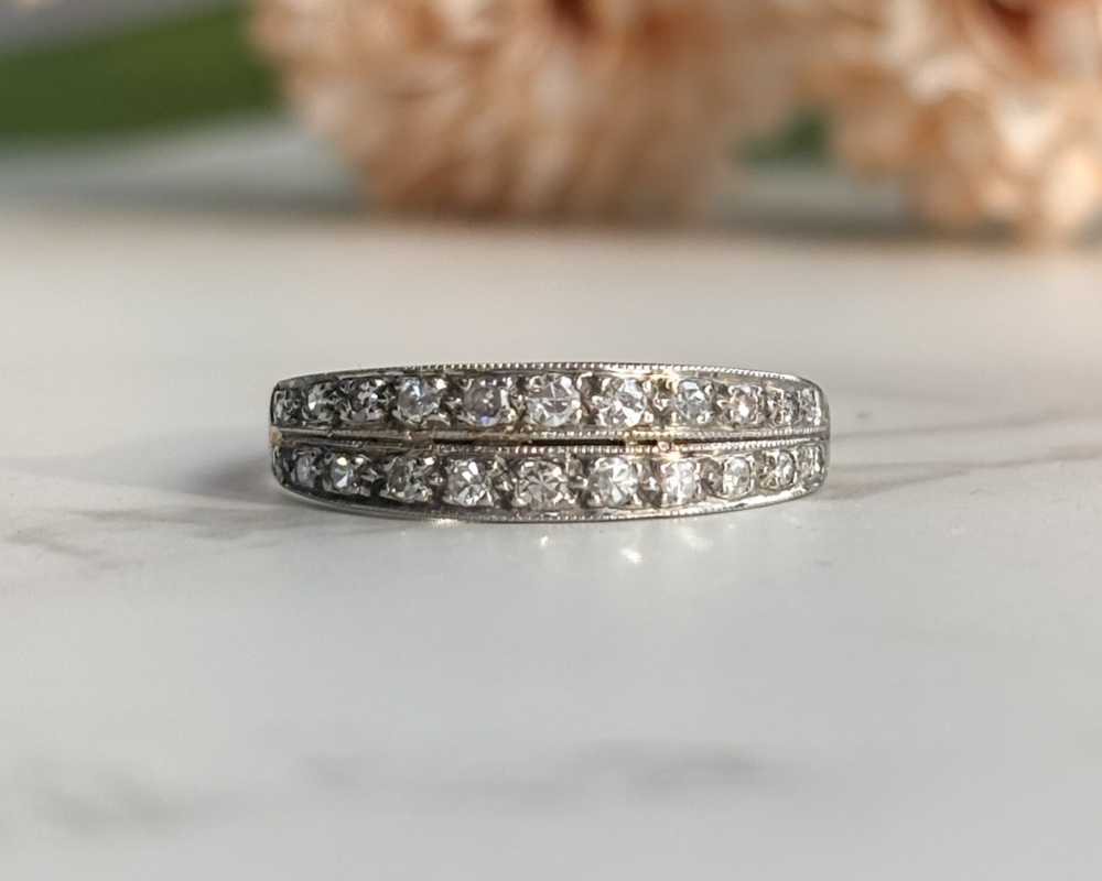 antique Art Deco double diamond ring in platinum for sale in Leeds