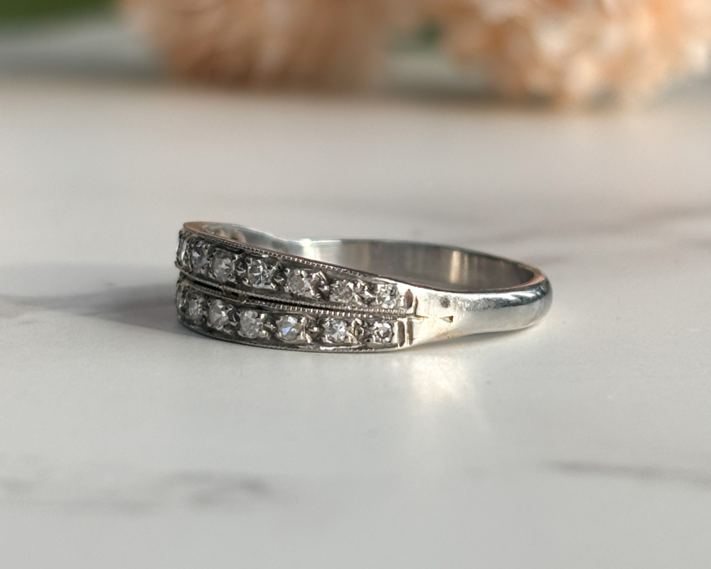 antique Art Deco double diamond ring in platinum for sale in Leeds, side of the ring