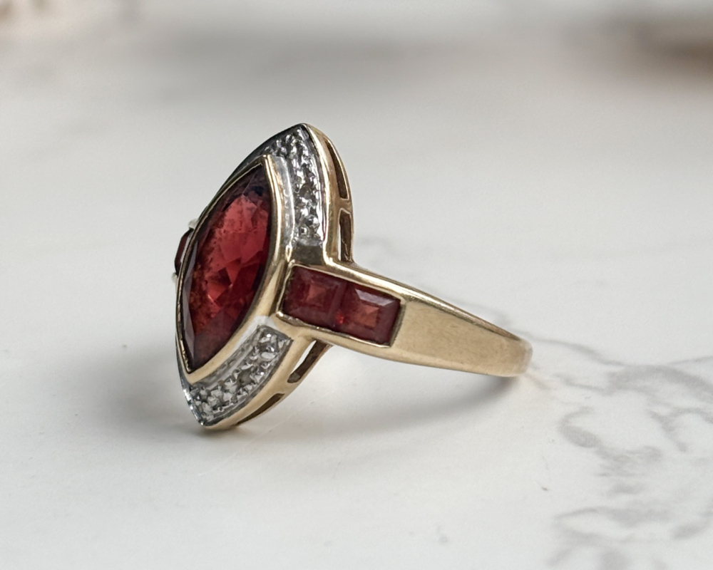 vintage garnet statement ring marquise shape with diamonds in 9ct gold for sale in Leeds