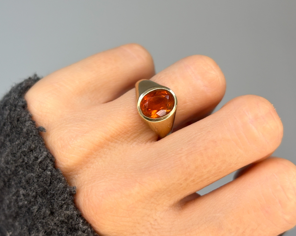 vintage 9ct gold citrine signet ring, shown on woman's hand for sale