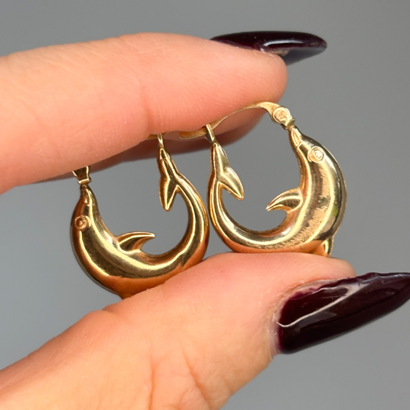 vintage dolphin hoop earrings in 9ct gold for sale