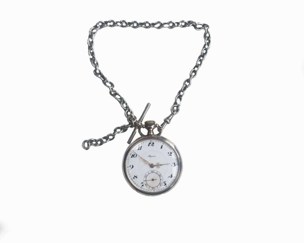 antique Alpina silver pocket watch circa 1920 for sale in Leeds, UK, showing watch on chain