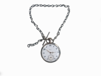 antique Alpina silver pocket watch circa 1920 for sale in Leeds, UK, showing watch on chain