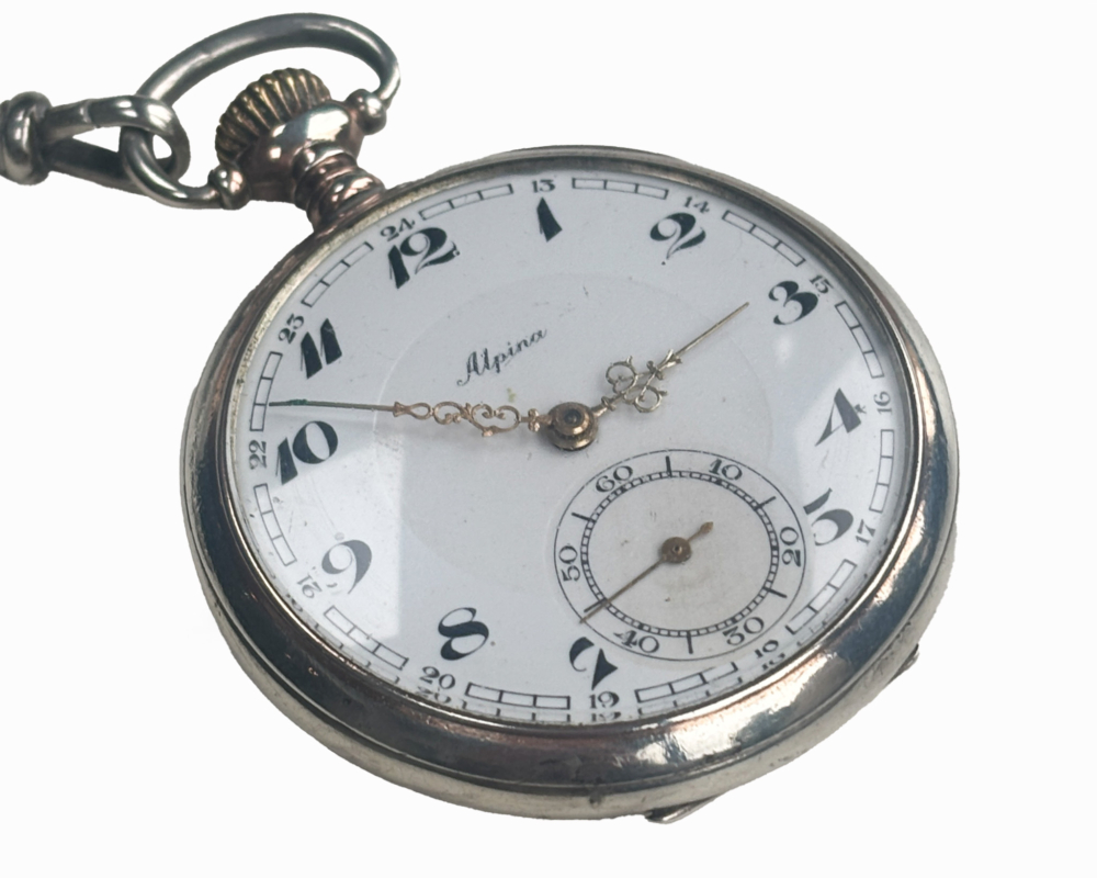 antique Alpina silver pocket watch circa 1920 for sale in Leeds, UK