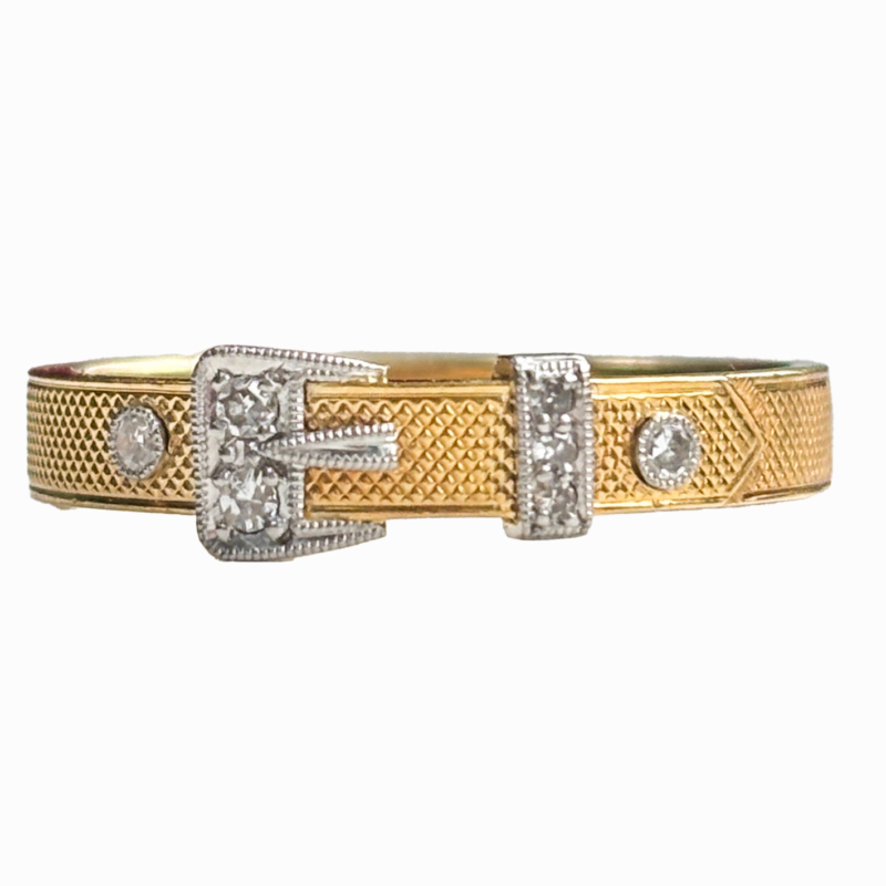 antique diamond buckle ring in 18ct gold and platinum, for sale in Leeds, UK