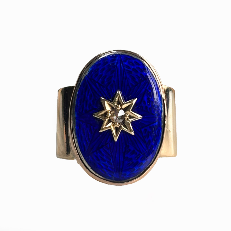 victorian blue enamel, diamond signet ring in 9ct rose gold for sale