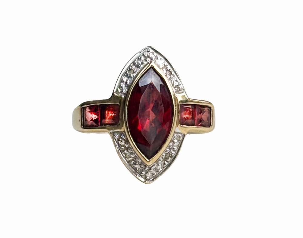 vintage garnet statement ring marquise shape with diamonds in 9ct gold for sale in Leeds