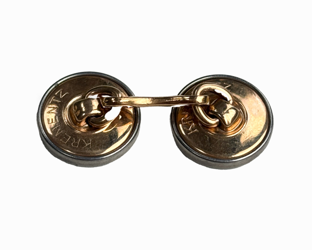 Art Deco Krementz dress stud set in abalone and gold overlay in original box for sale in Leeds, showing back of the cufflinks