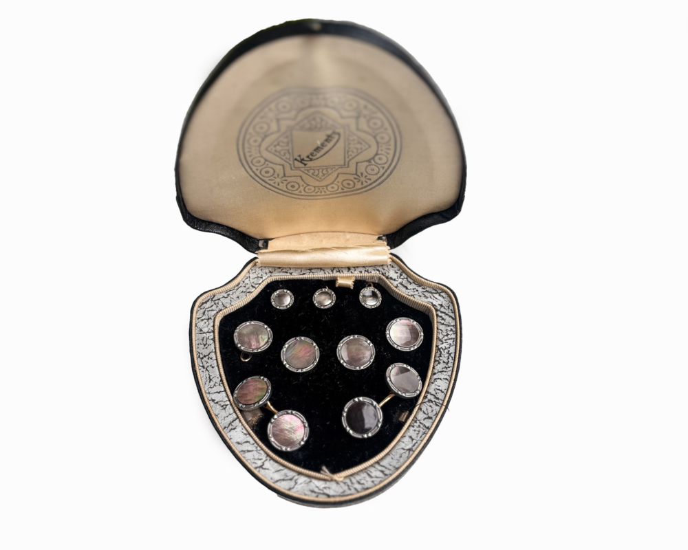 krementz collar stud set Art Deco Krementz dress stud set in abalone and gold overlay in original box for sale in Leeds