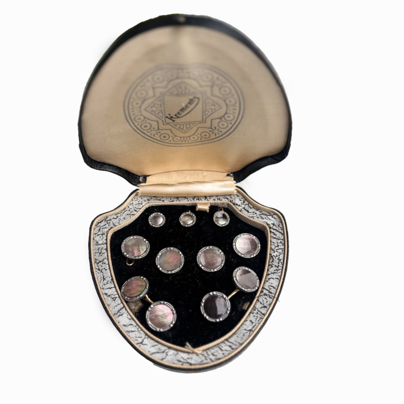 Art Deco Krementz dress stud set in abalone and gold overlay in original box for sale in Leeds