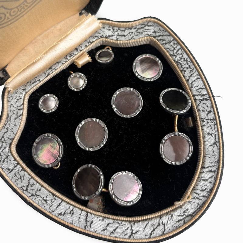 Art Deco Krementz dress stud set in abalone and gold overlay in original box for sale in Leeds