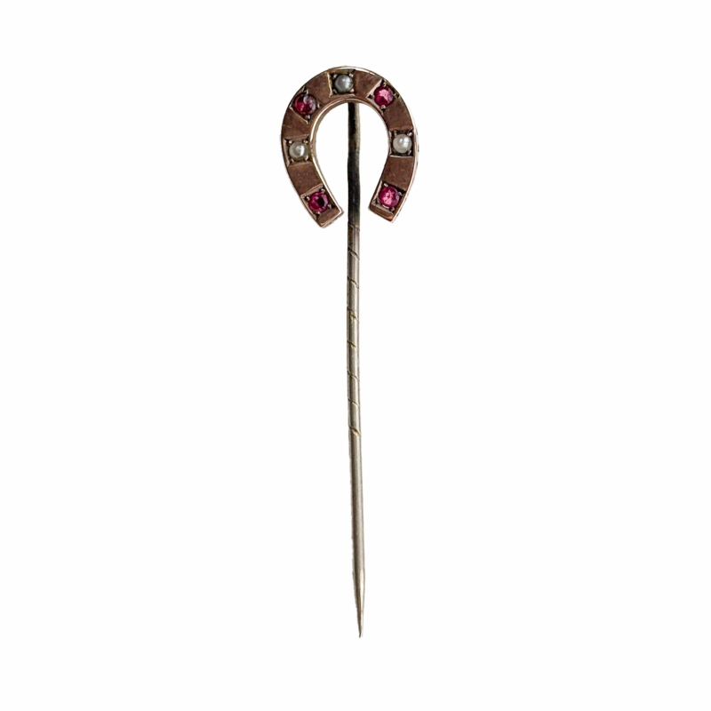 Victorian horseshoe stick in 9ct gold, ruby and seed pearl