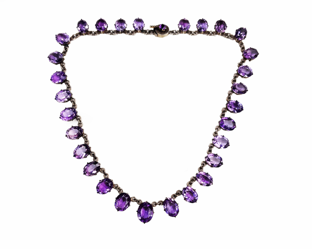 silver and amethyst riviera necklace antique Edwardian silver and amethyst riviere necklace in silver. For sale in Leeds