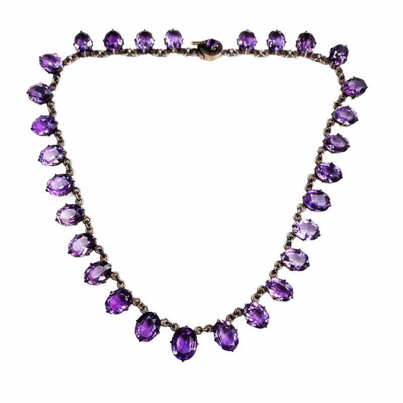 antique Edwardian silver and amethyst riviere necklace in silver. For sale in Leeds