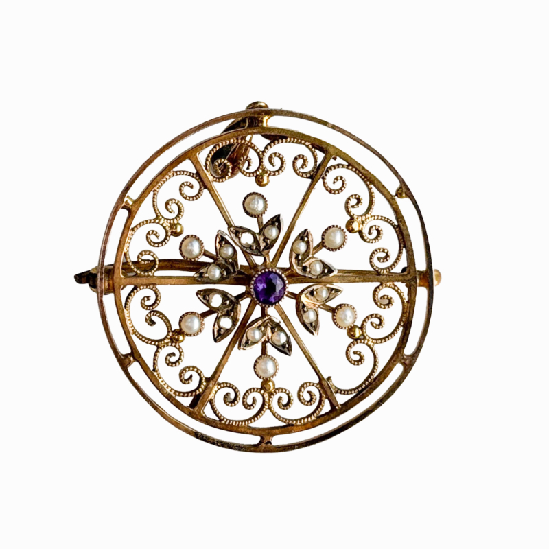 antique Edwardian amethyst and seed pearl brooch pendant set in 9ct gold for sale in Leeds