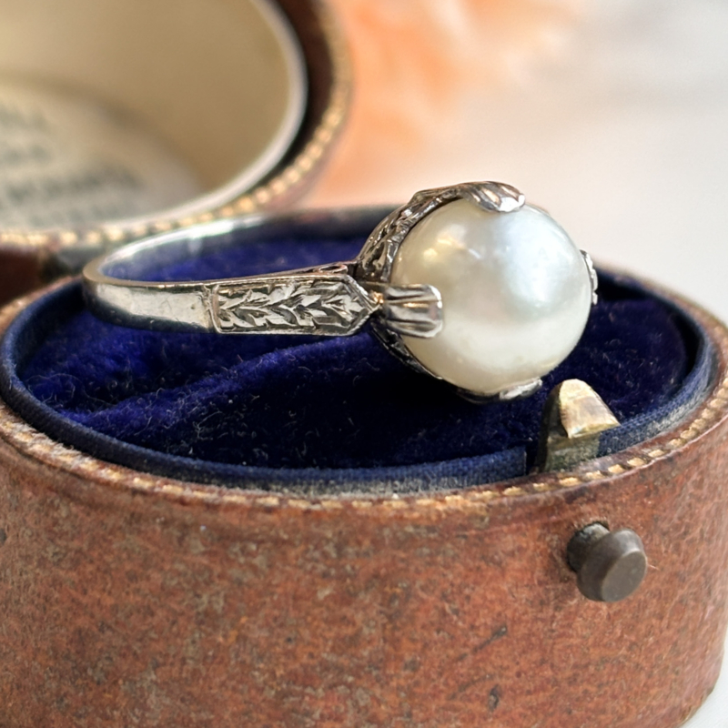 mid century pearl and platinum ring in box