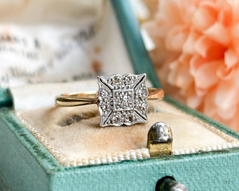 art deco diamond panel ring in 18ct yellow gold and set in platinum