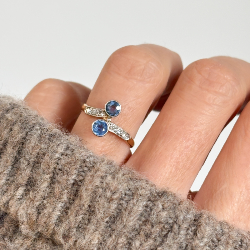 antique sapphire and diamond toi et moi ring circa 1920s for sale in Leeds, shown on woman's hand