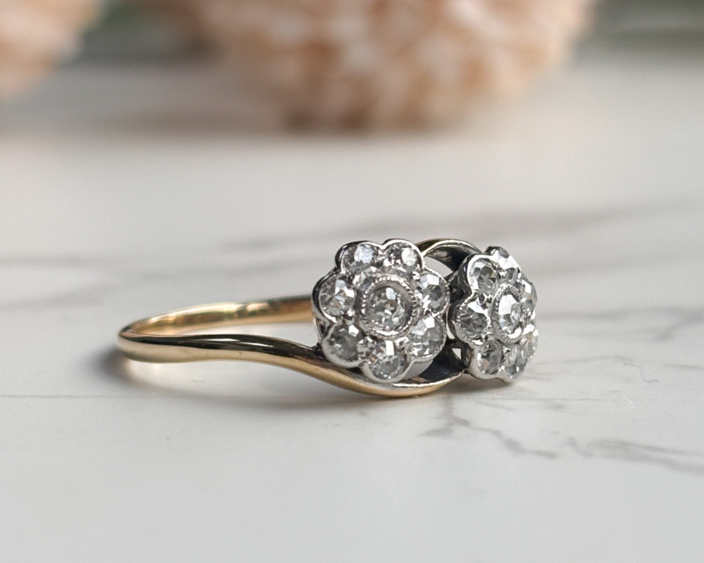 art deco double diamond ring in 18ct yellow gold and platinum, side view