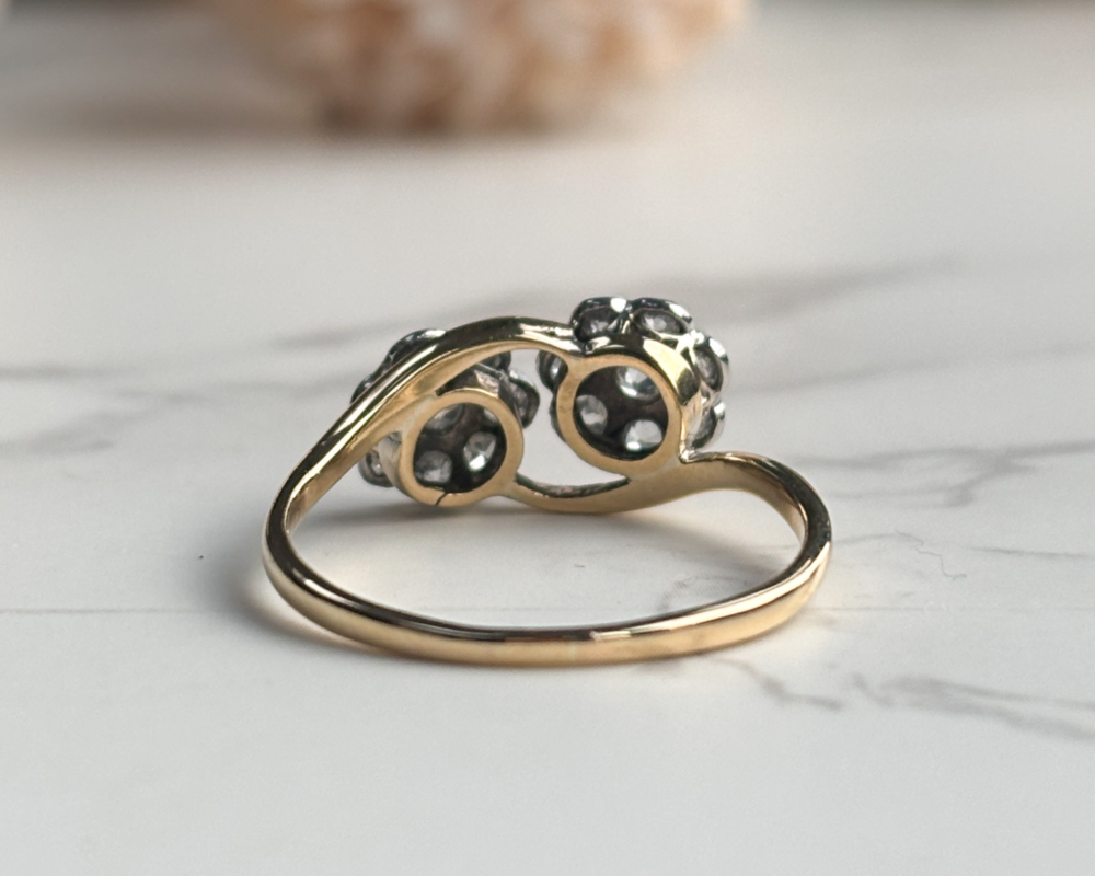 art deco double diamond ring in 18ct yellow gold and platinum, back view